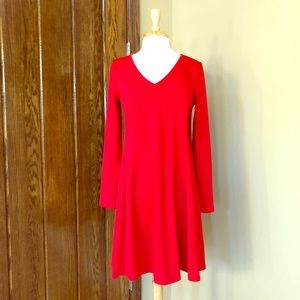 Red V-neck Long-Sleeve Knit Dress